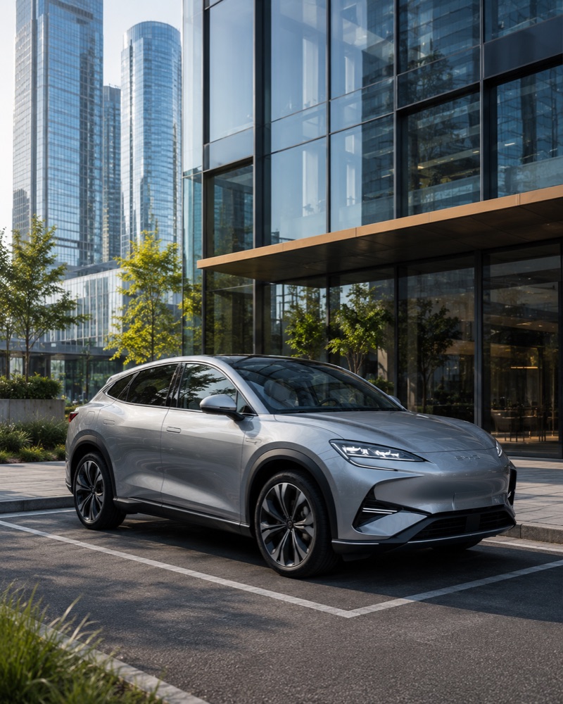 BYD elétrico estacionado em frente a um prédio comercial